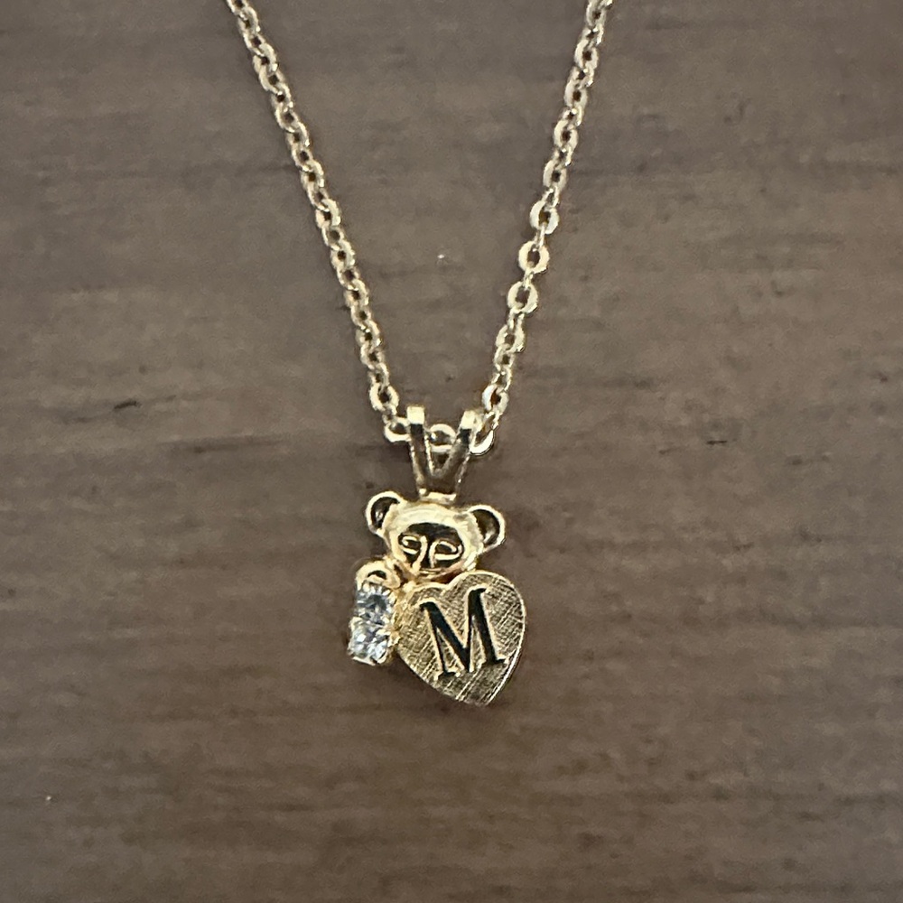 Gold Tone Teddy Bear & Heart With M, CZ Diamonds Pendant Necklace